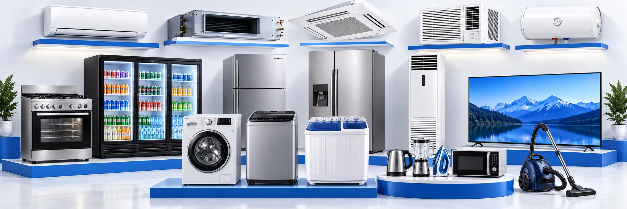 Split, duct, cassette, floor-standing and window ACs; gas cooker; three-glass-door chiller; Samsung refrigerator; LED TV; vacuum cleaner; side-by-side refrigerator and small home appliances; electric storage water heater; front-load, top-load and semi-automatic twin-tub washing machines